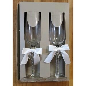 Vintage WILTON Champagne Wedding Toast Glasses Bling Hearts Bride Bow Groom